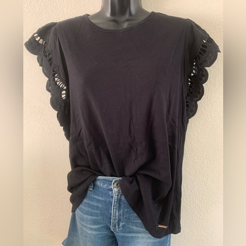 Anne Klein Top S L Black Embroidered Scalloped Cotton T-Shirt Coquette Classic